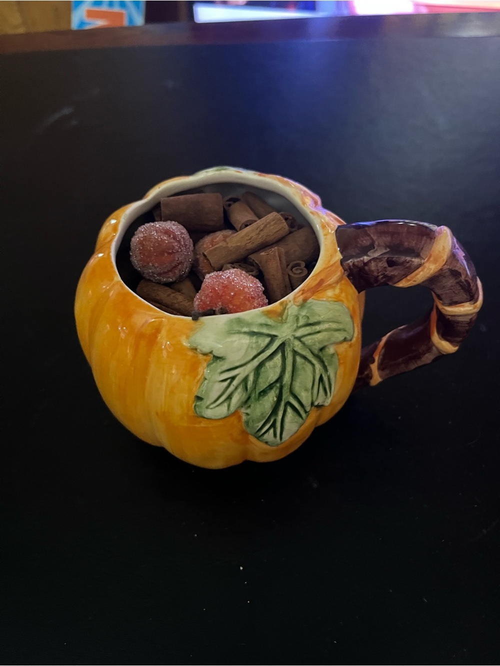 Hand-Painted Pumpkin Ceramic Mug with Fall Potpourri